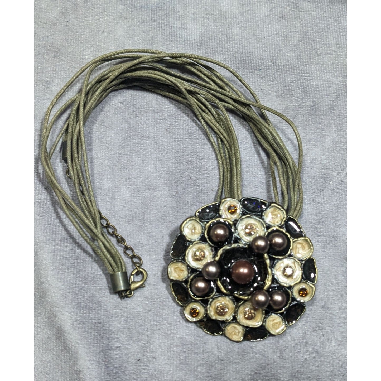 Abstract Floral Pearl Rhinestone And Enamel Pendant Necklace