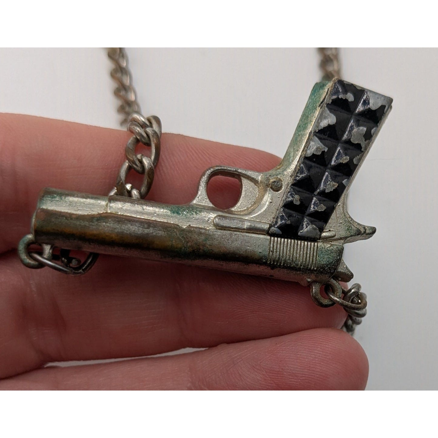 Gun Shaped Pendant Necklace Black Silver Tone Streetwear Statement Jewelry