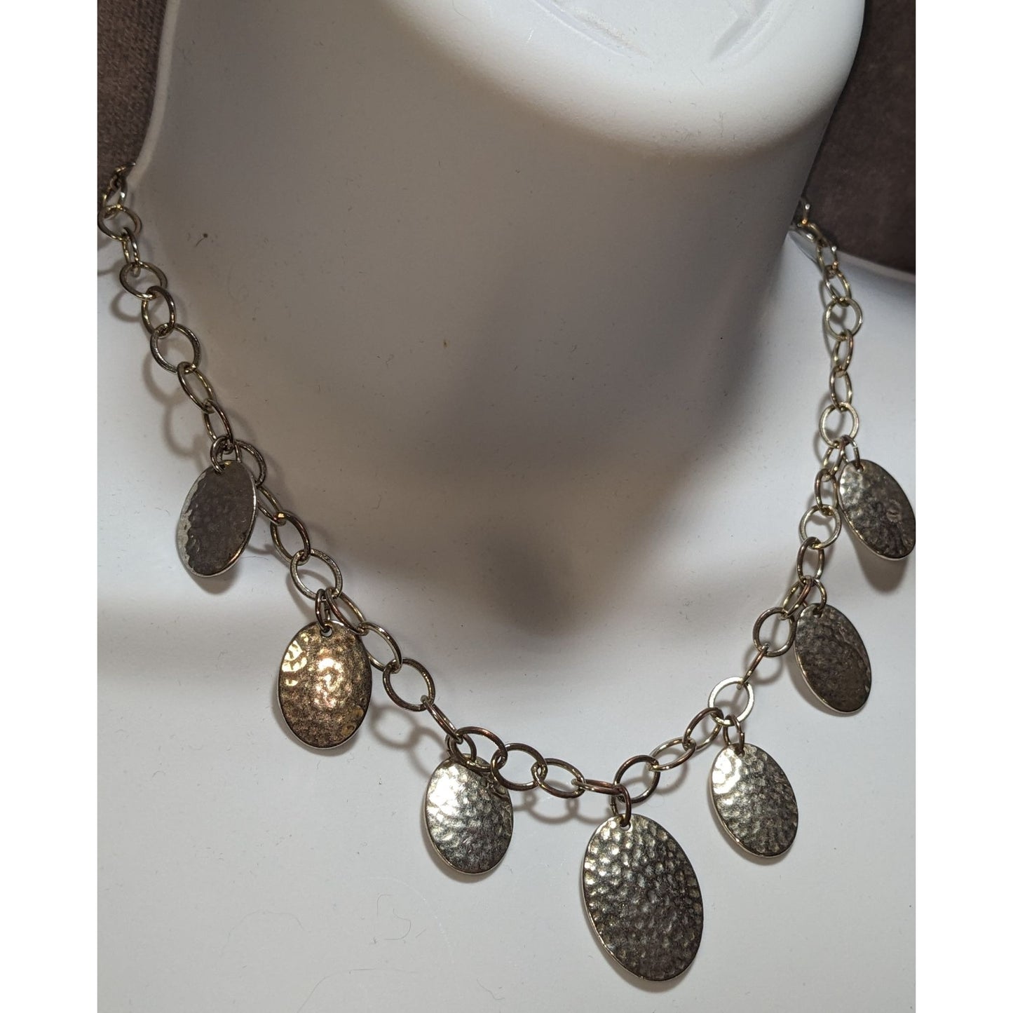 Hammered Metal Oval Charm Necklace