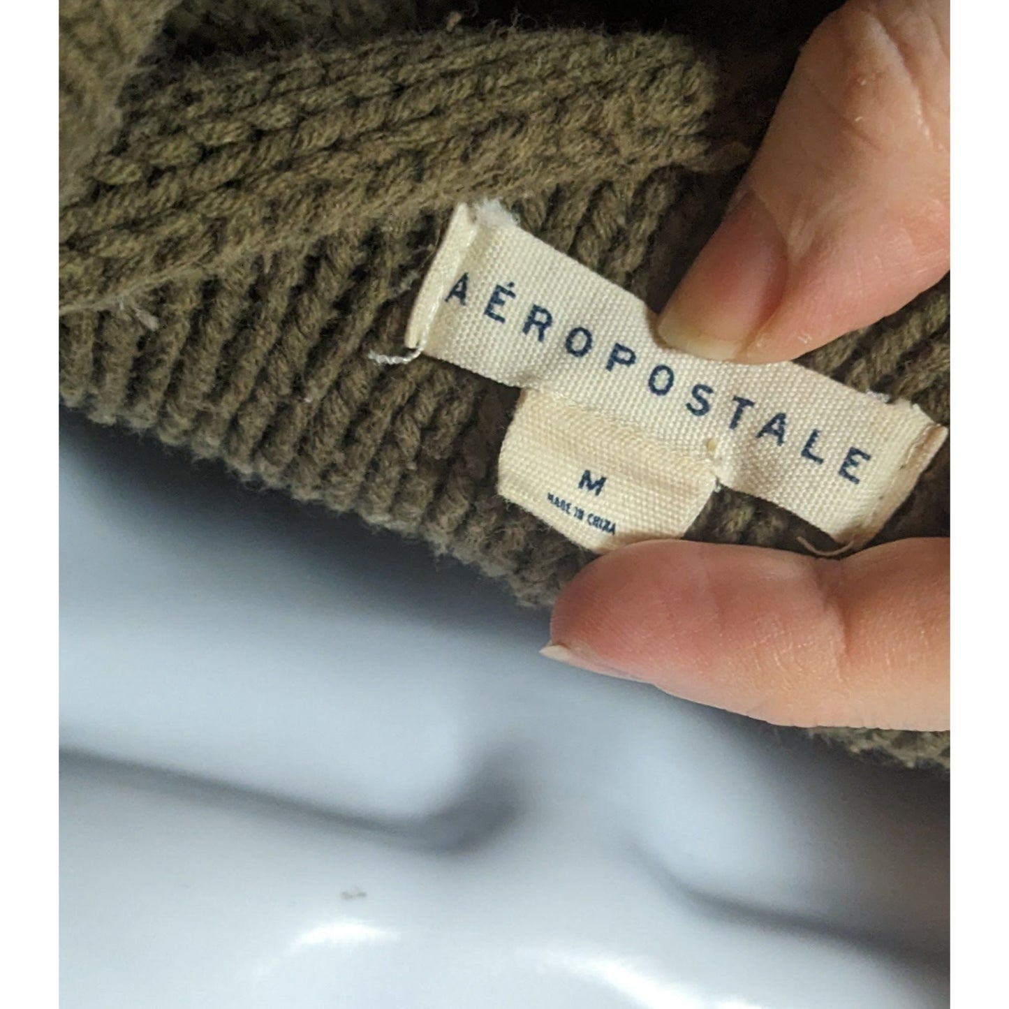 Aeropostale Army Green Cable Knit Hooded Sweater