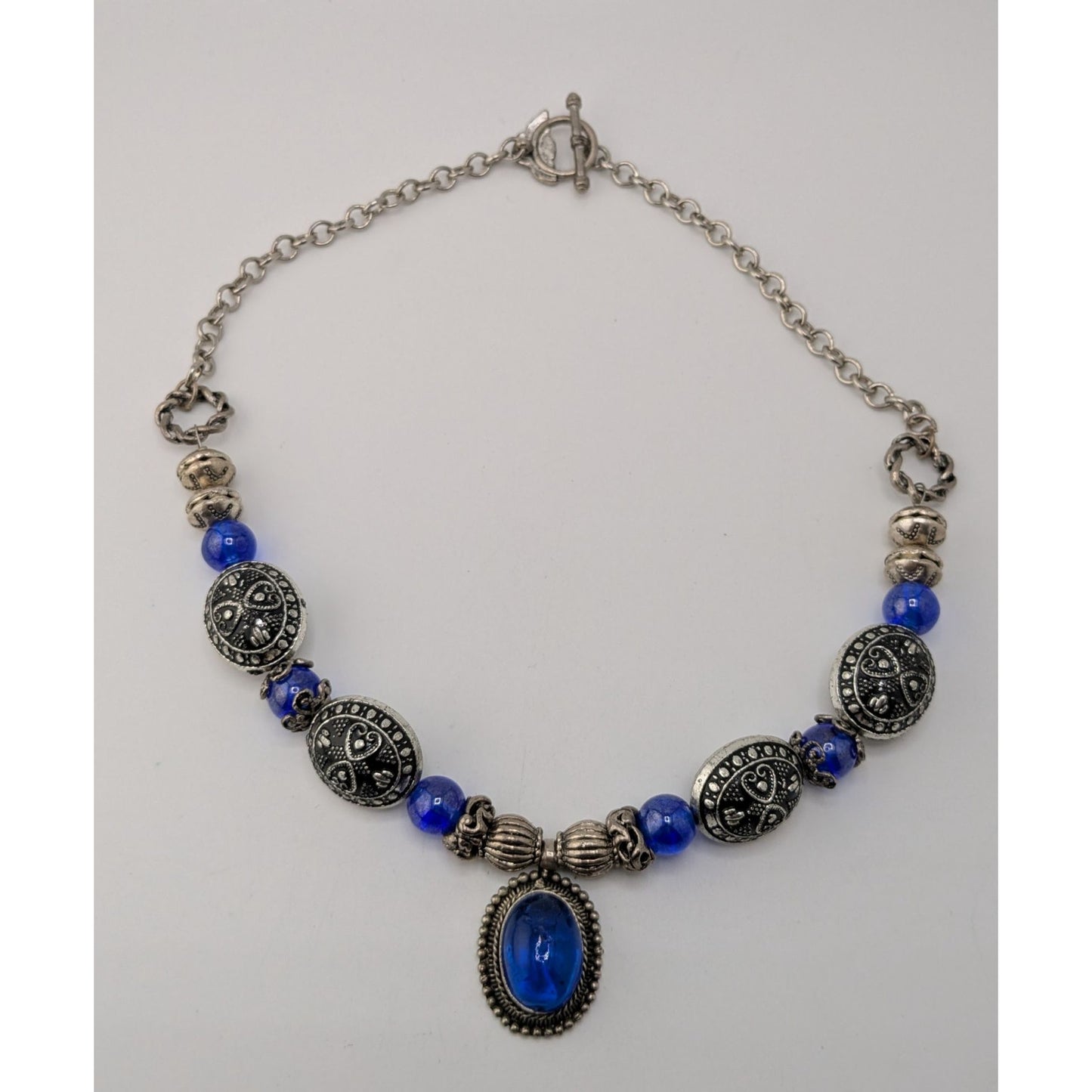 Vintage Cobalt Glass Necklace Silver Tone Boho Statement Pendant Jewelry