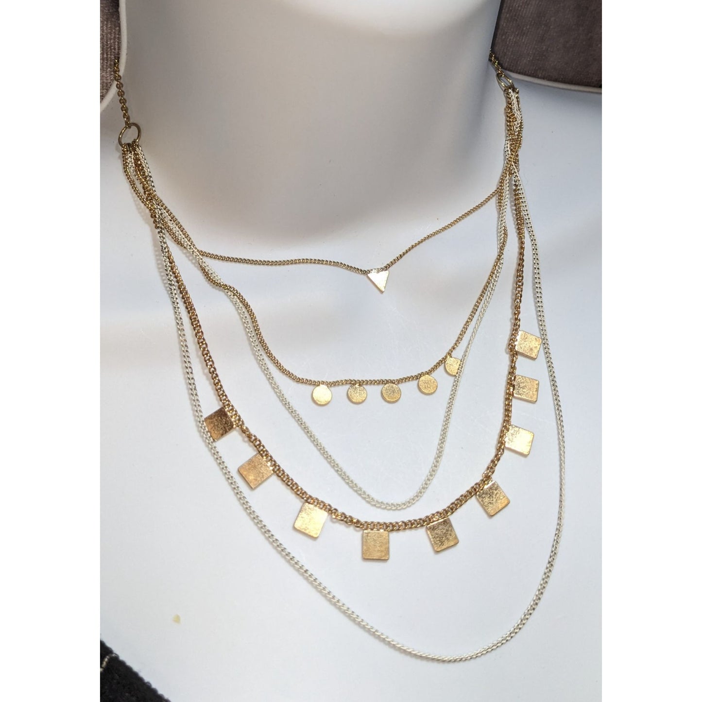 Multi-Layered Gold Tone Chain Necklace With Geometric Charms Adjustable