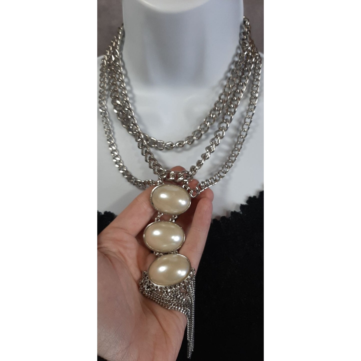 Elegant Layered Silver Statement Necklace With Faux Pearl Cabochons And Tassel Pendant