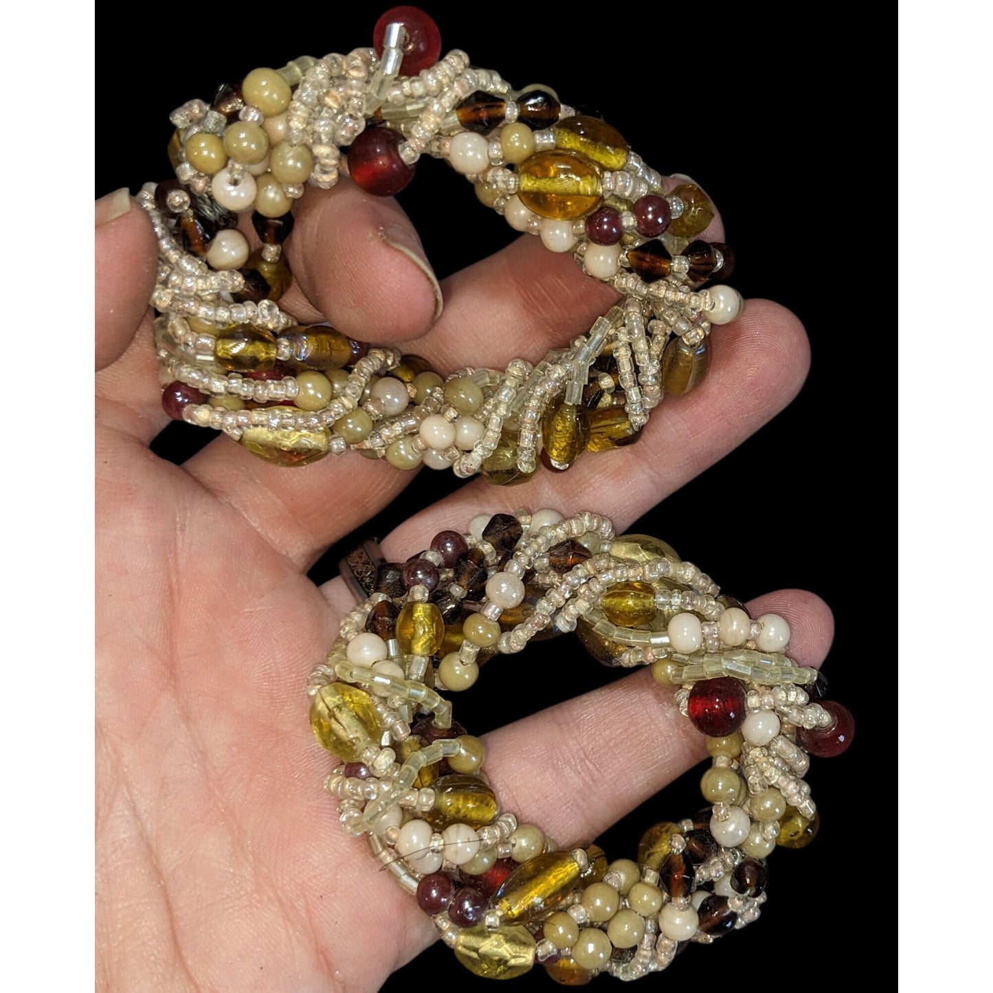 Boho Beaded Napkin Rings Amber Brown Pearl Seed Bead Pair
