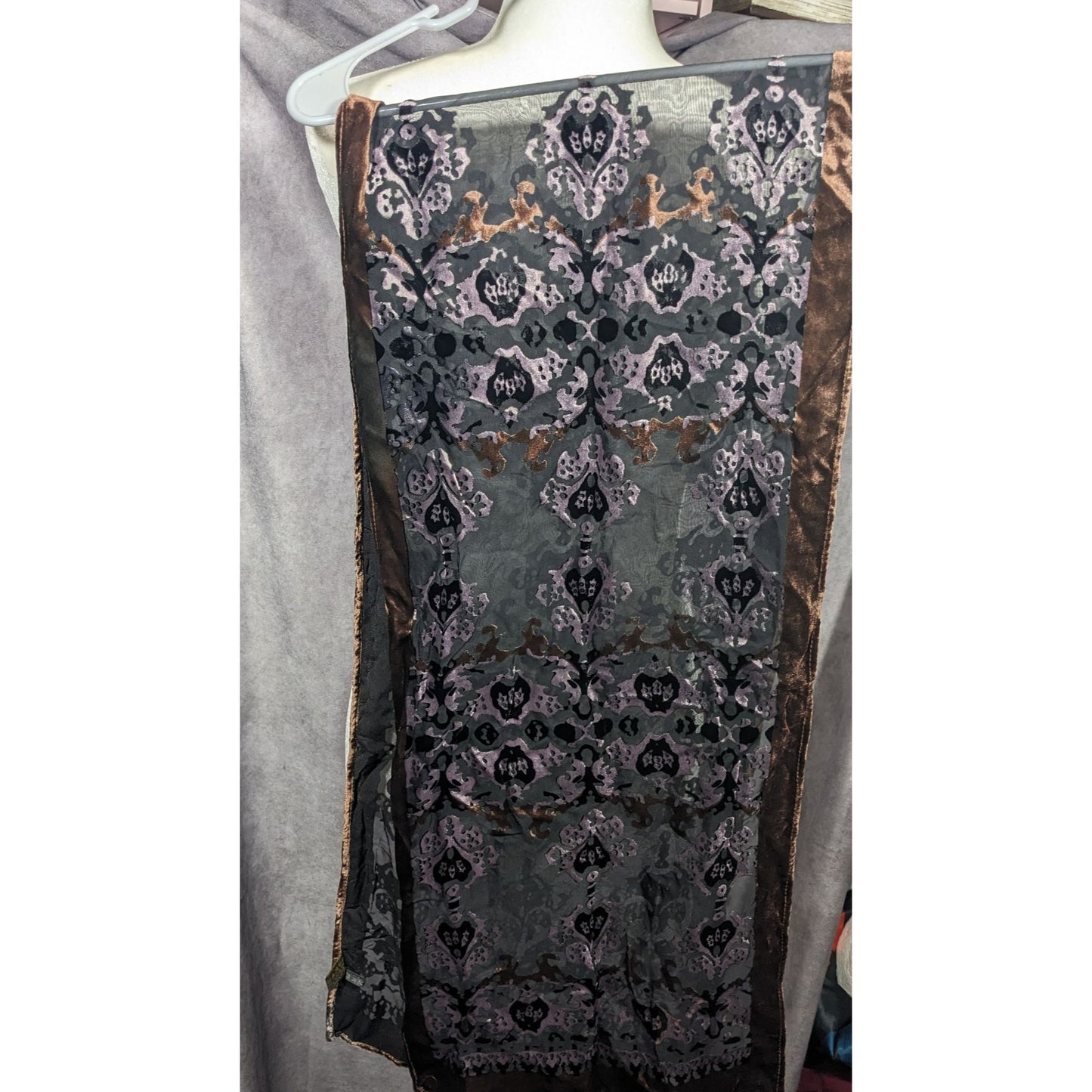 Brown And Lilac Gothic Damask Velvet Burnout Scarf