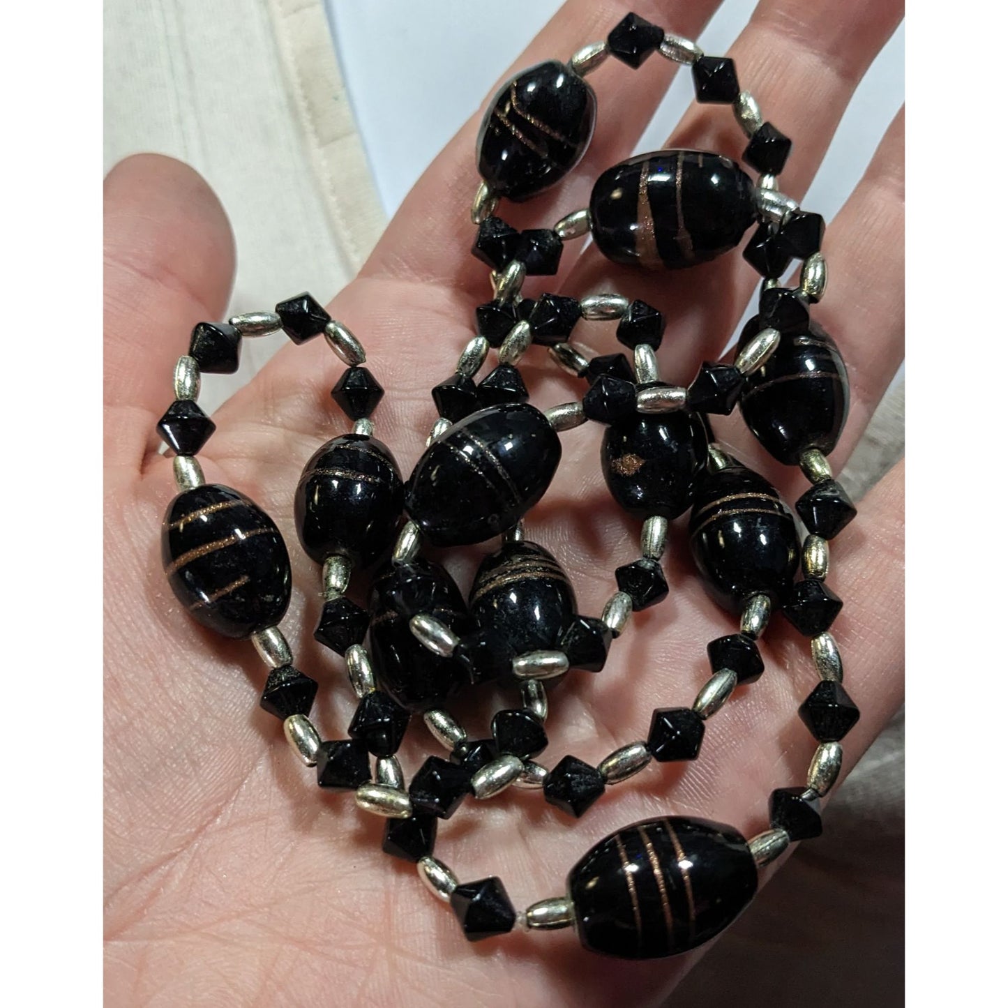 Gothic Black Glass And Silver Tone Beaded Necklace