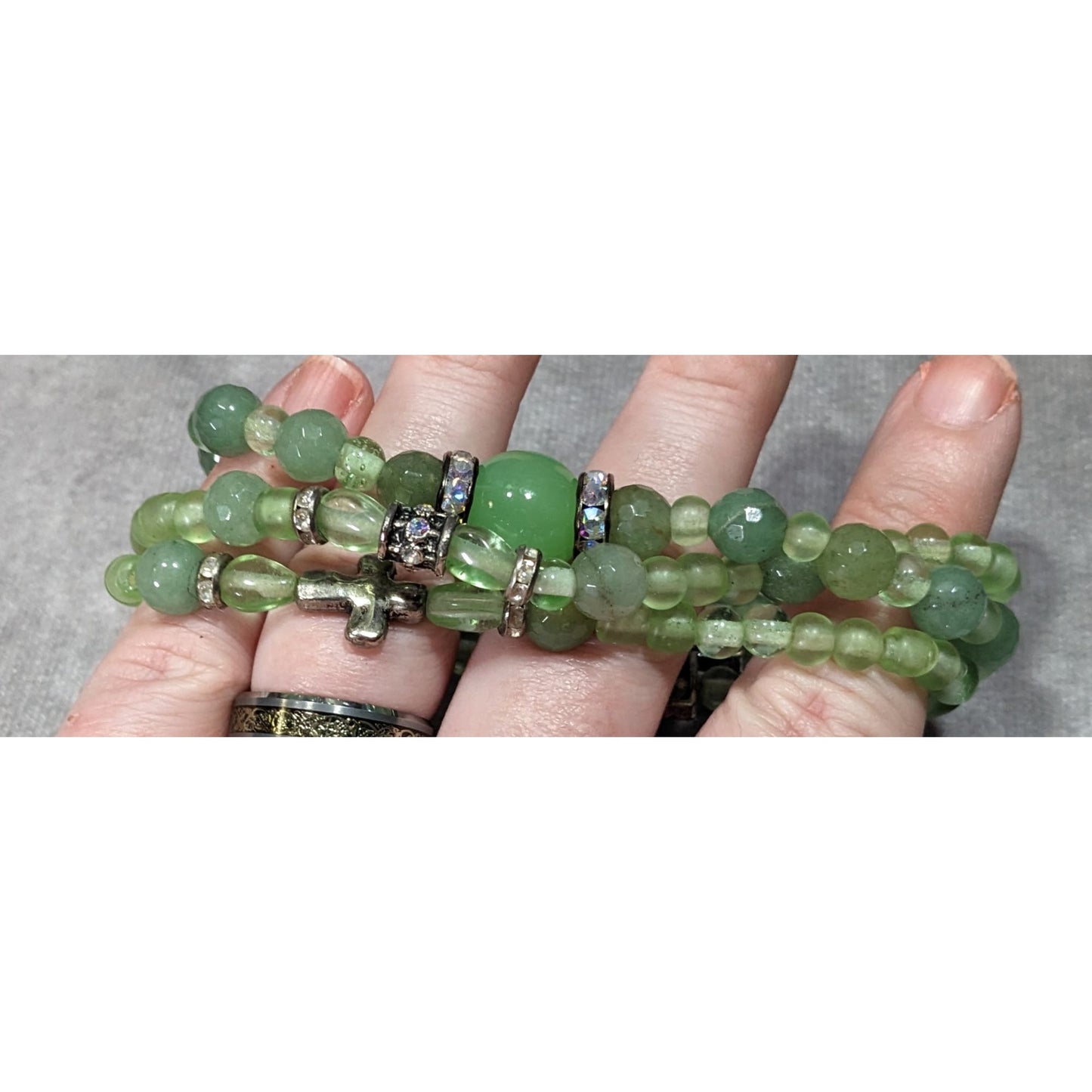 Religious Green Glass Beaded Layered Stretch Bracelet