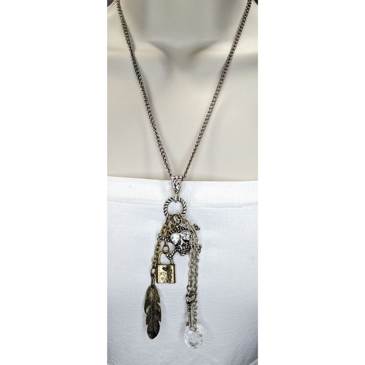 Steampunk Gothic Pirate Skull Cross Feather Charm Necklace Mixed Metal 20 Inch