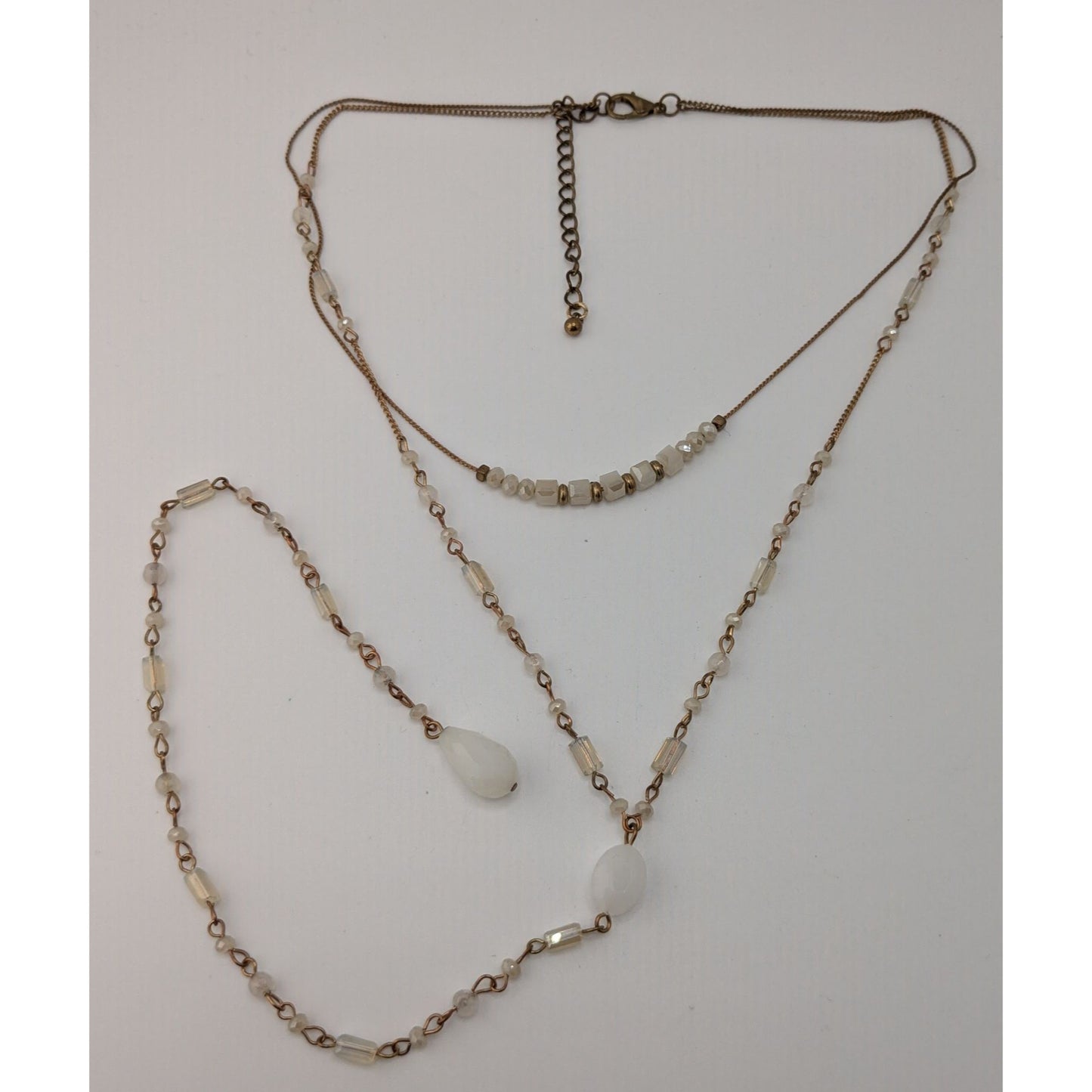 Layered Y Drop Beaded Necklace White Faceted Glass Beads Gold Chain Boho Chic