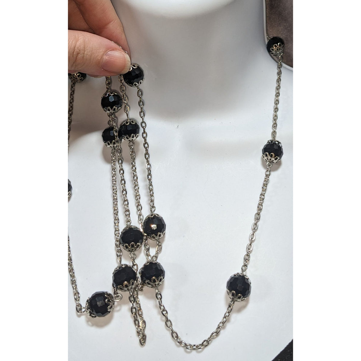Gothic Glam Black Faceted Bead Silver Tone Station Necklace 29 Inch