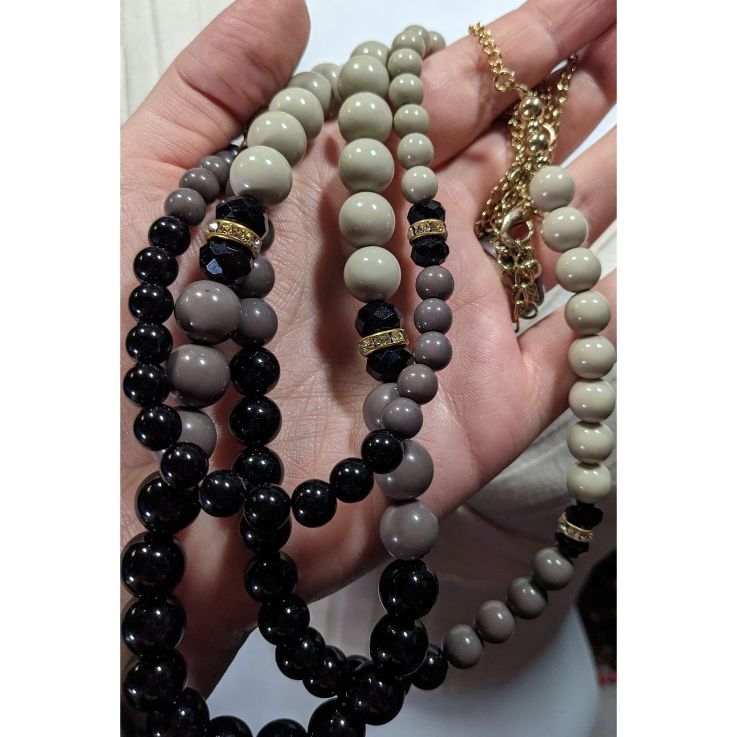 Elegant Layered Black And Grey Beaded Necklace With Rhinestone Accents
