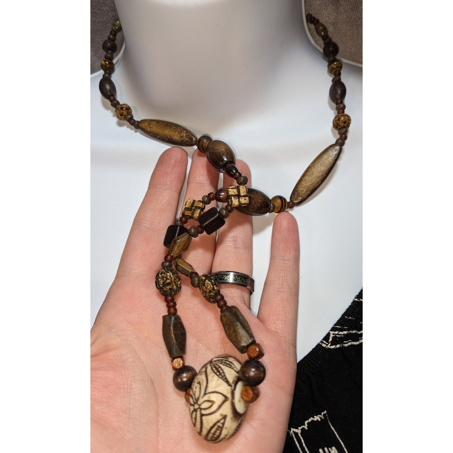 Vintage Handmade Rustic Beaded Necklace With Carved Floral Pendant