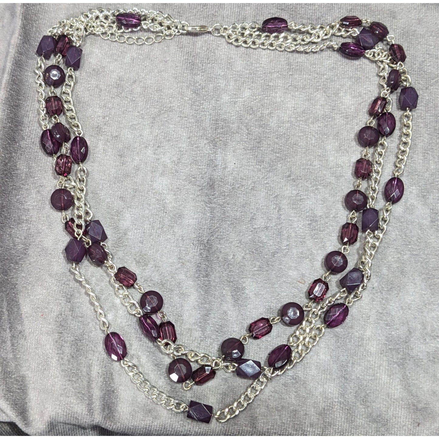 Elegant Layered Purple And Silver Tone Beaded Chain Necklace