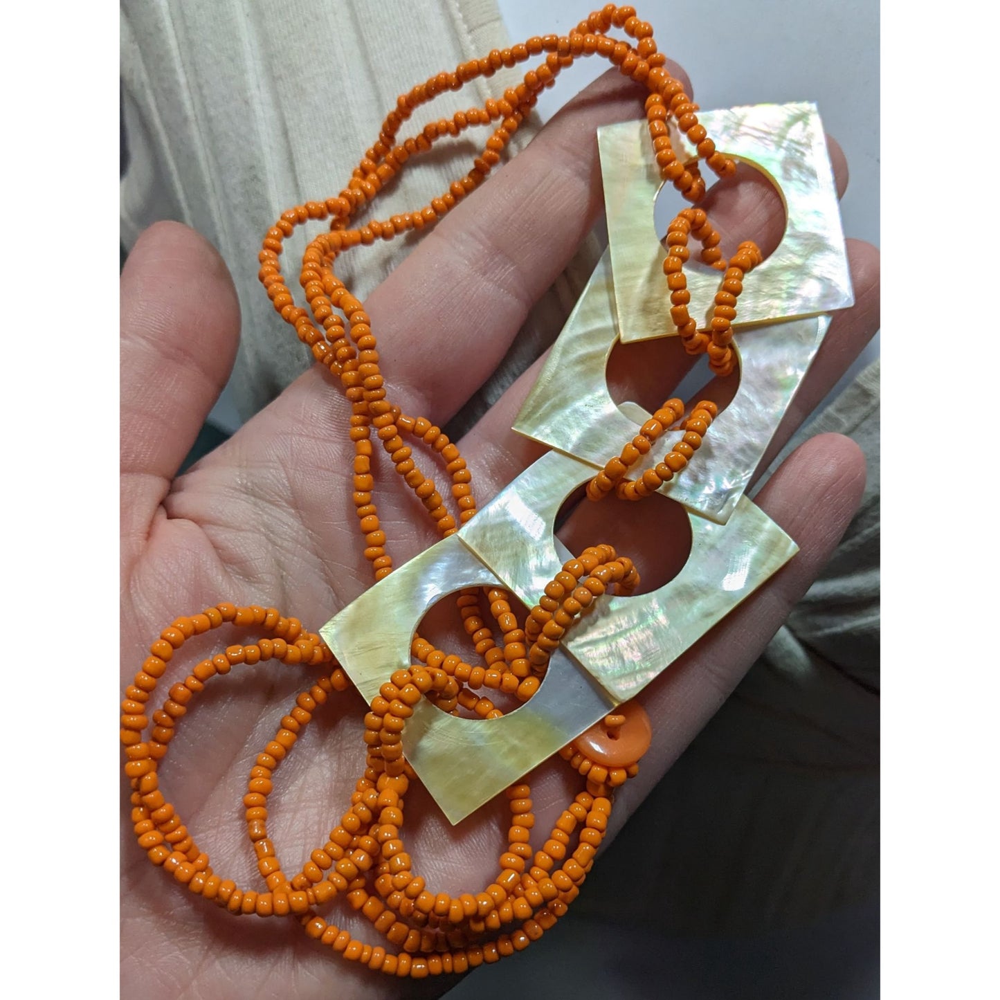 Vintage Bohemian Orange Beaded Necklace With Mother Of Pearl Square Links & Button Closure