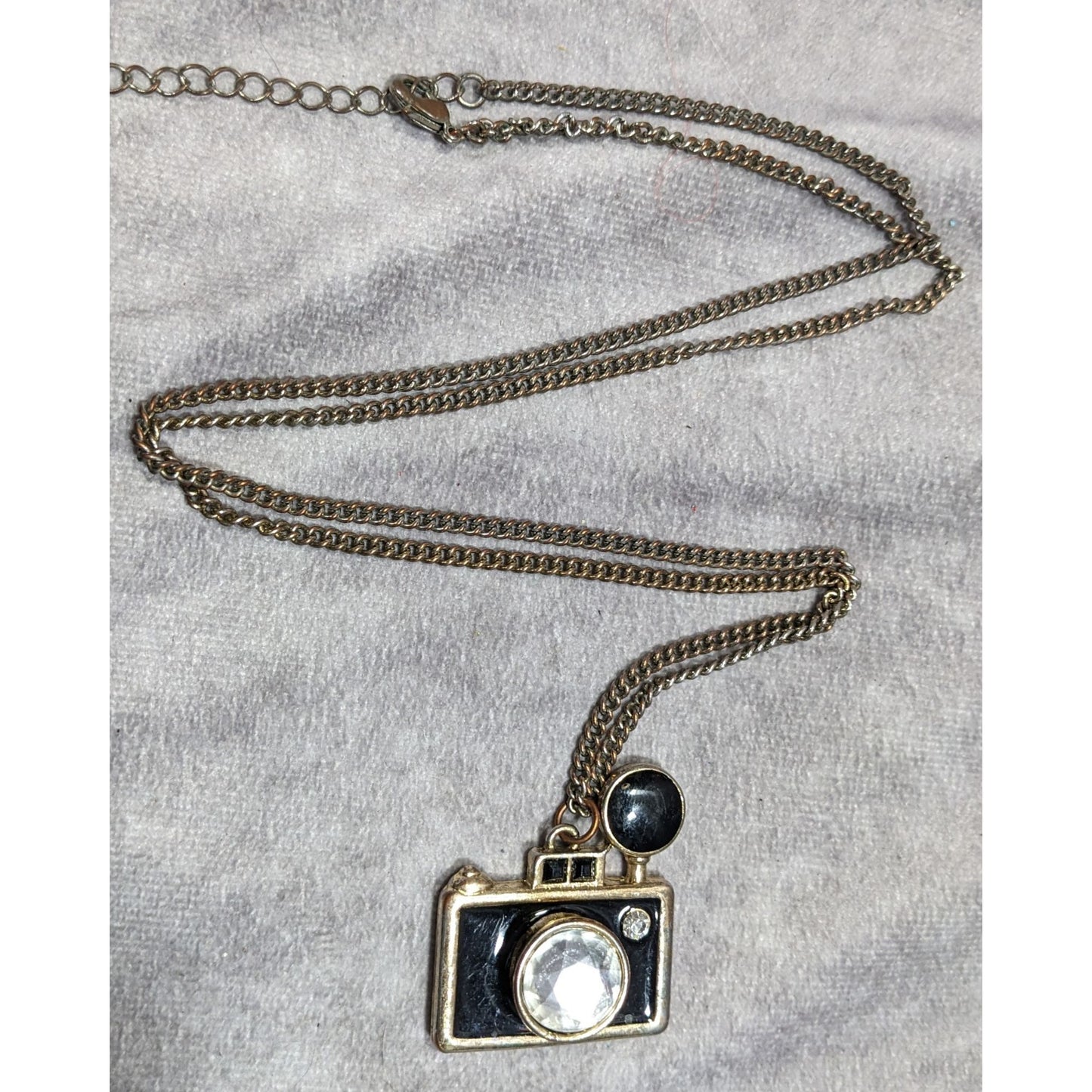 Quirky Glam Camera Pendant Necklace With Crystal Lens & Black Enamel Charm