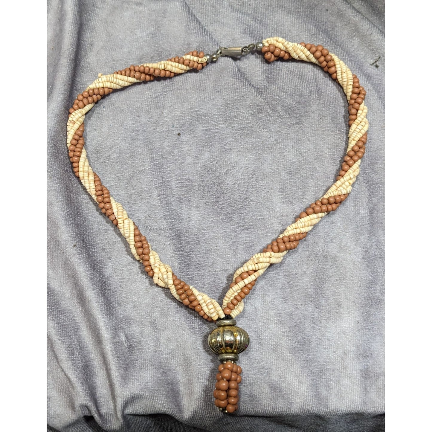 Vintage Rustic Brown And Cream Shell And Wood Beaded Necklace With Gold Tone Bauble