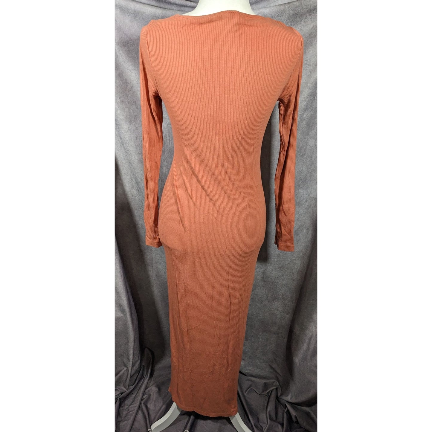 Asos Preppy Muted Orange Ribbed Deep V Neck Side Slit Maxi Dress Size 8