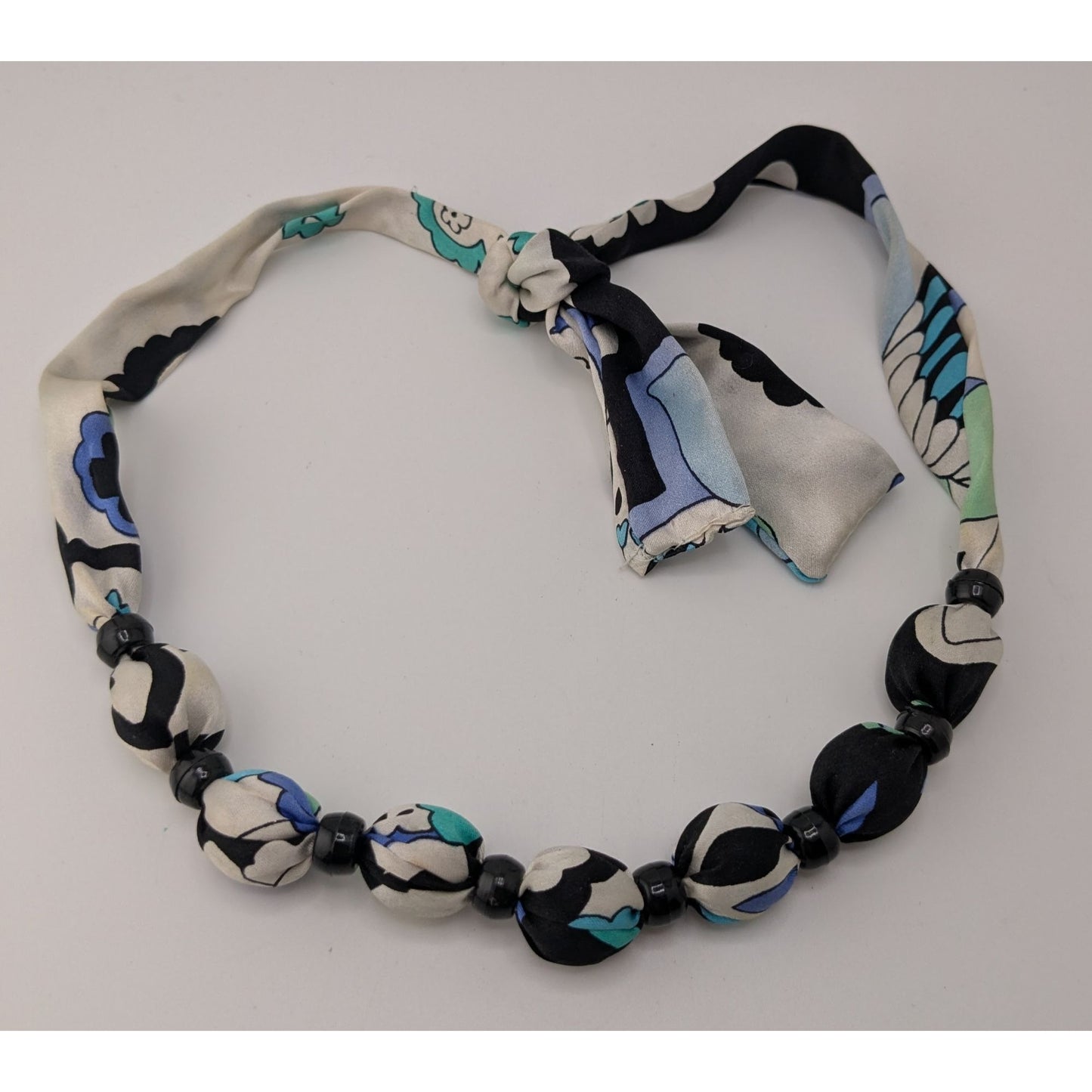 Vintage Beaded Scarf Necklace Black White Blue Retro 60s 70s Mod Statement Jewelry