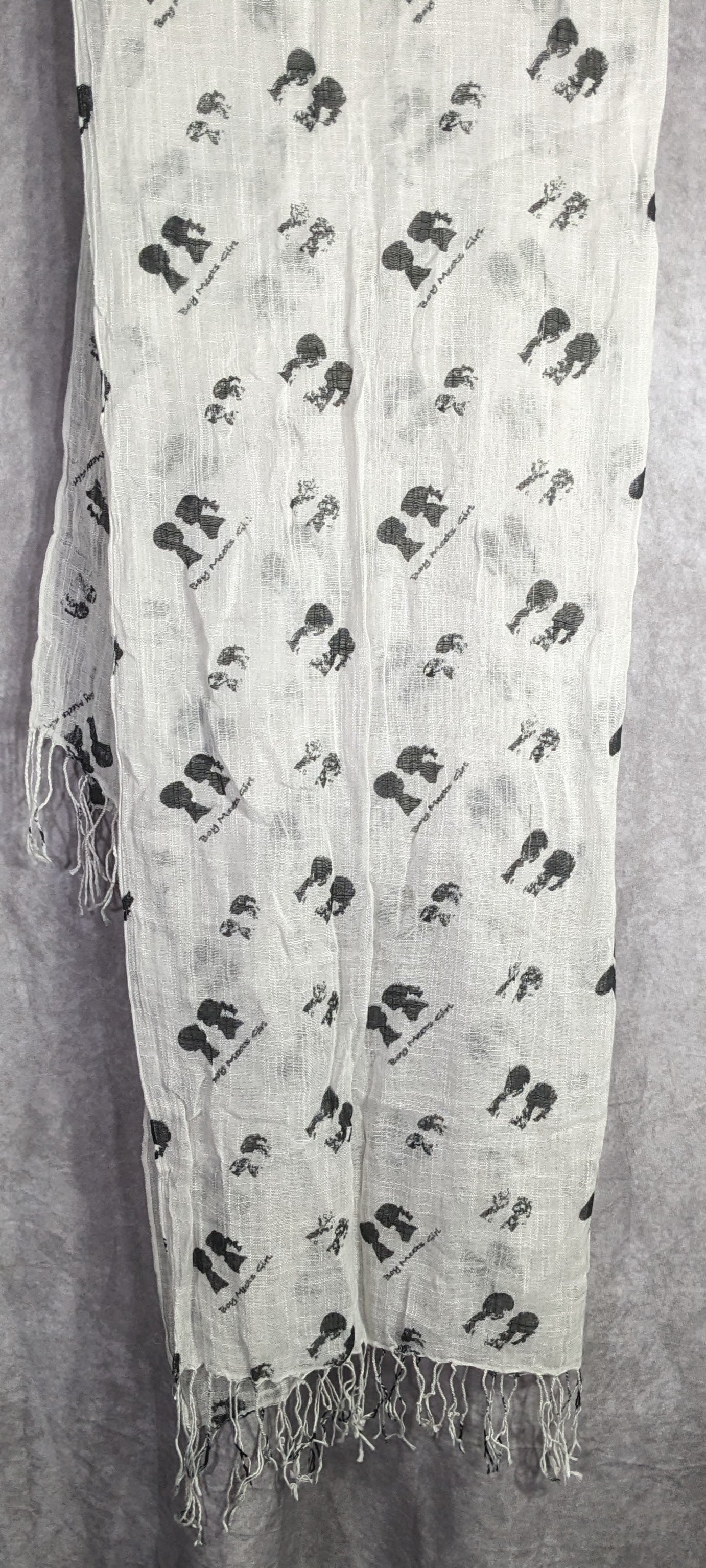 Boy Meets Girl Lightweight White Scarf With Black Silhouette Print & Fringe