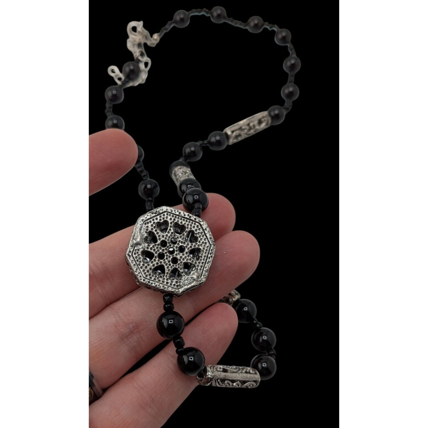 Vintage Black Onyx Beaded Necklace Silver Filigree Statement Gothic Classic