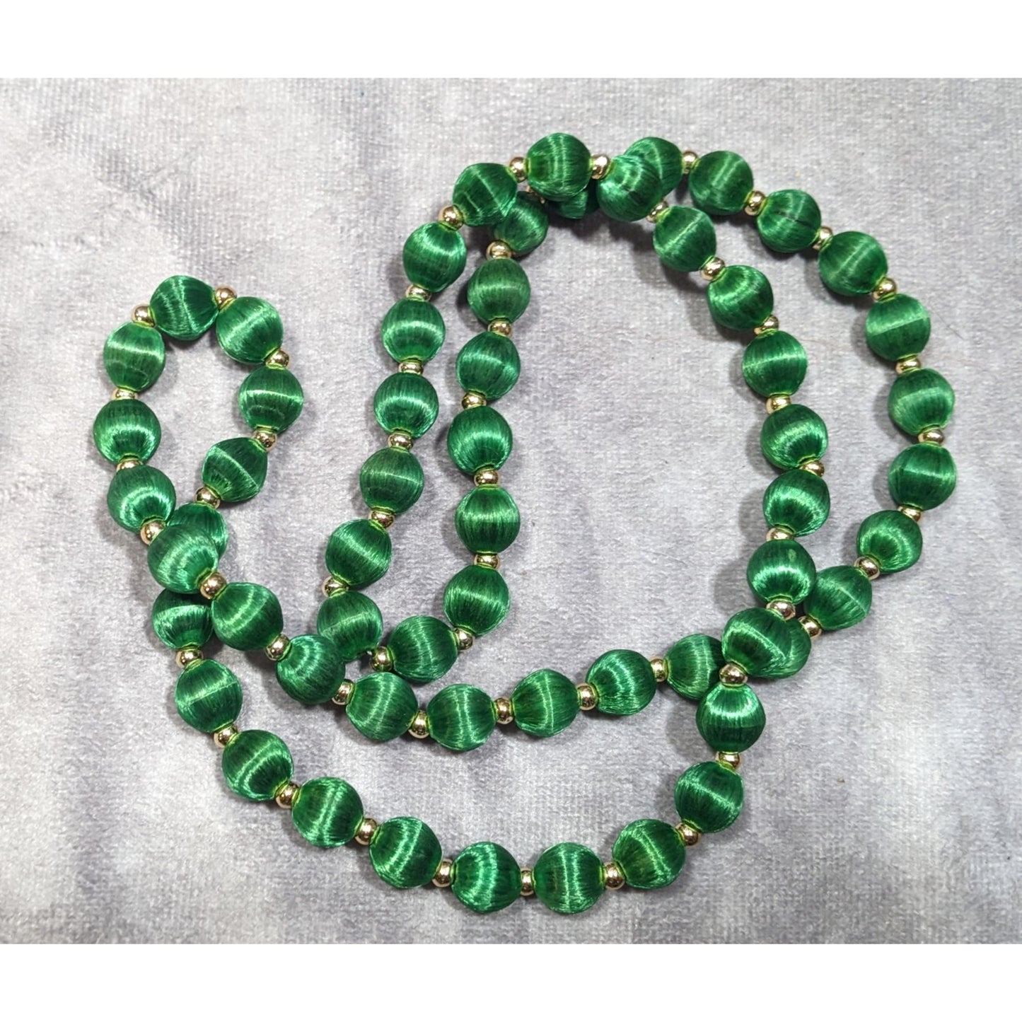 Vintage Satin Silk Green And Gold Tone Beaded Necklace