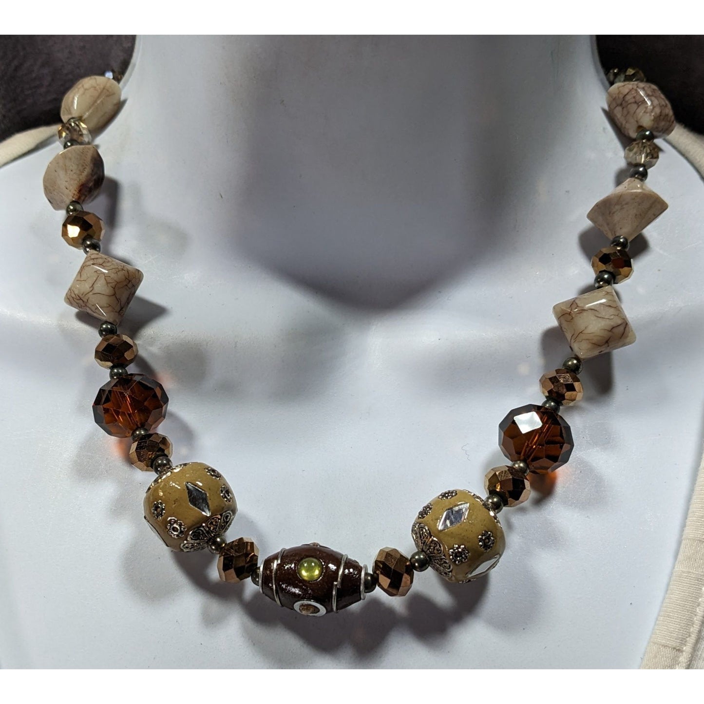 Vintage Earth Tone Bohemian Mixed Media Beaded Necklace