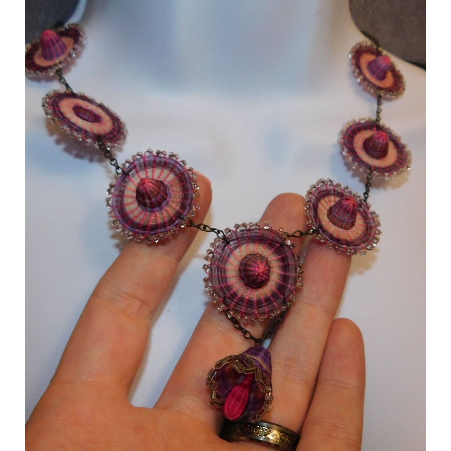 Vintage Purple And Pink Woven Sombrero Necklace