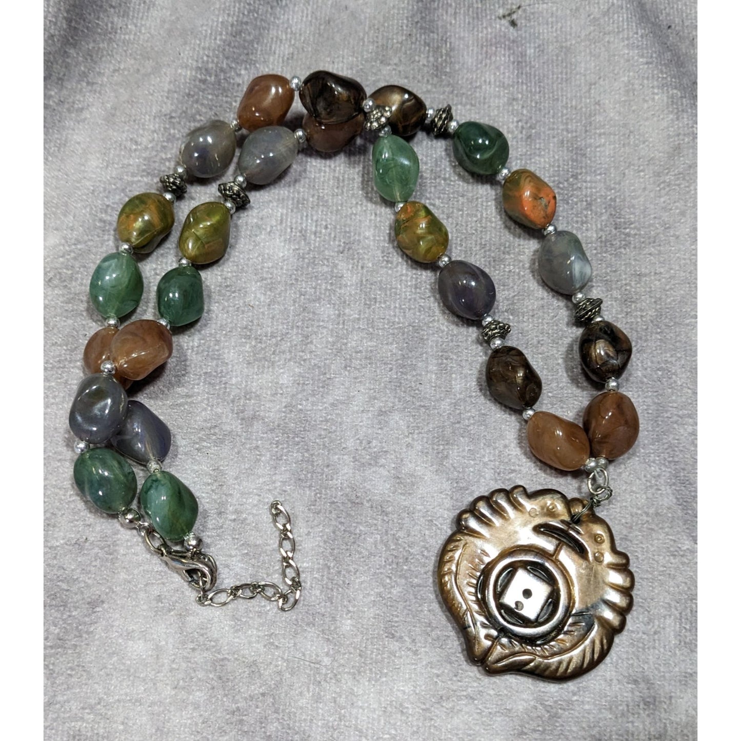 Vintage Chinese Symbol Pendant Necklace With Faux Stone Beads