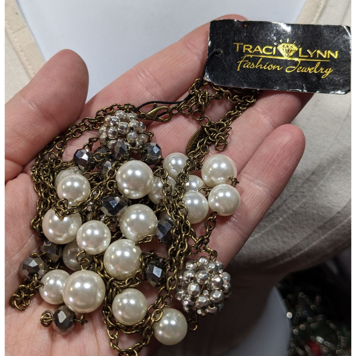 Vintage Traci Lynn Faux Pearl Rhinestone Layered Necklace