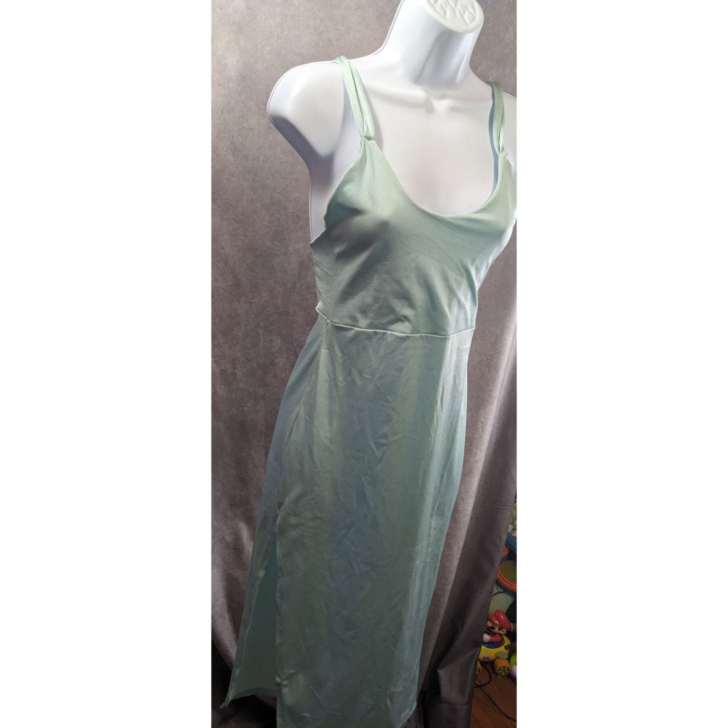 Vintage Light Blue Slip Dress Nightgown With Strappy Open Back & Side Slit