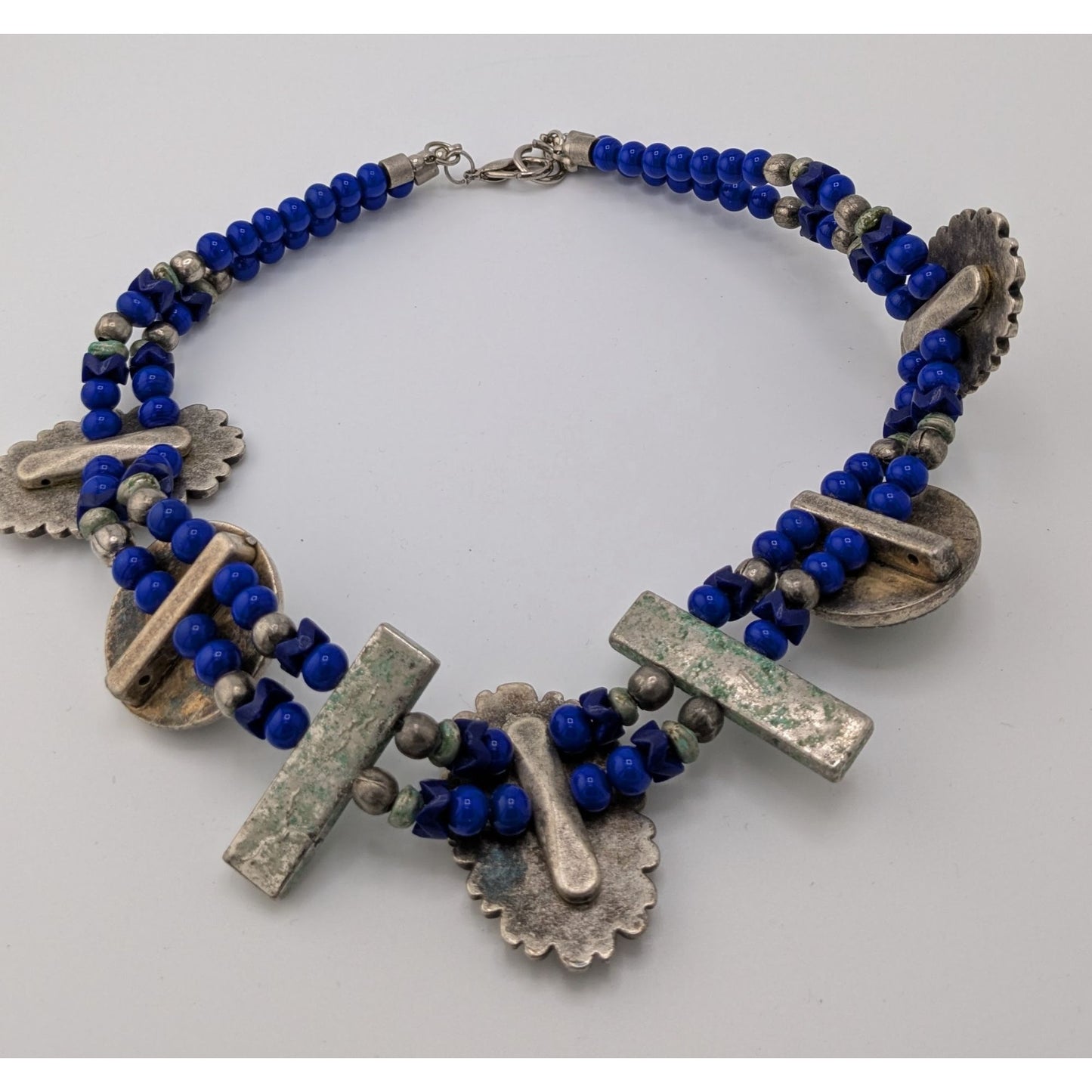 Vintage Handmade Floral Chunky Distressed Blue And Silver Tone Necklace