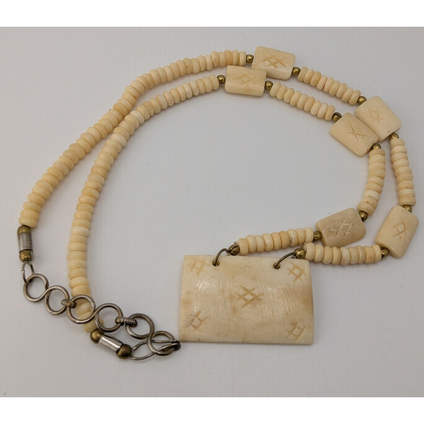 Vintage Hand Carved Cow Bone Beaded Necklace Cream Tribal Boho