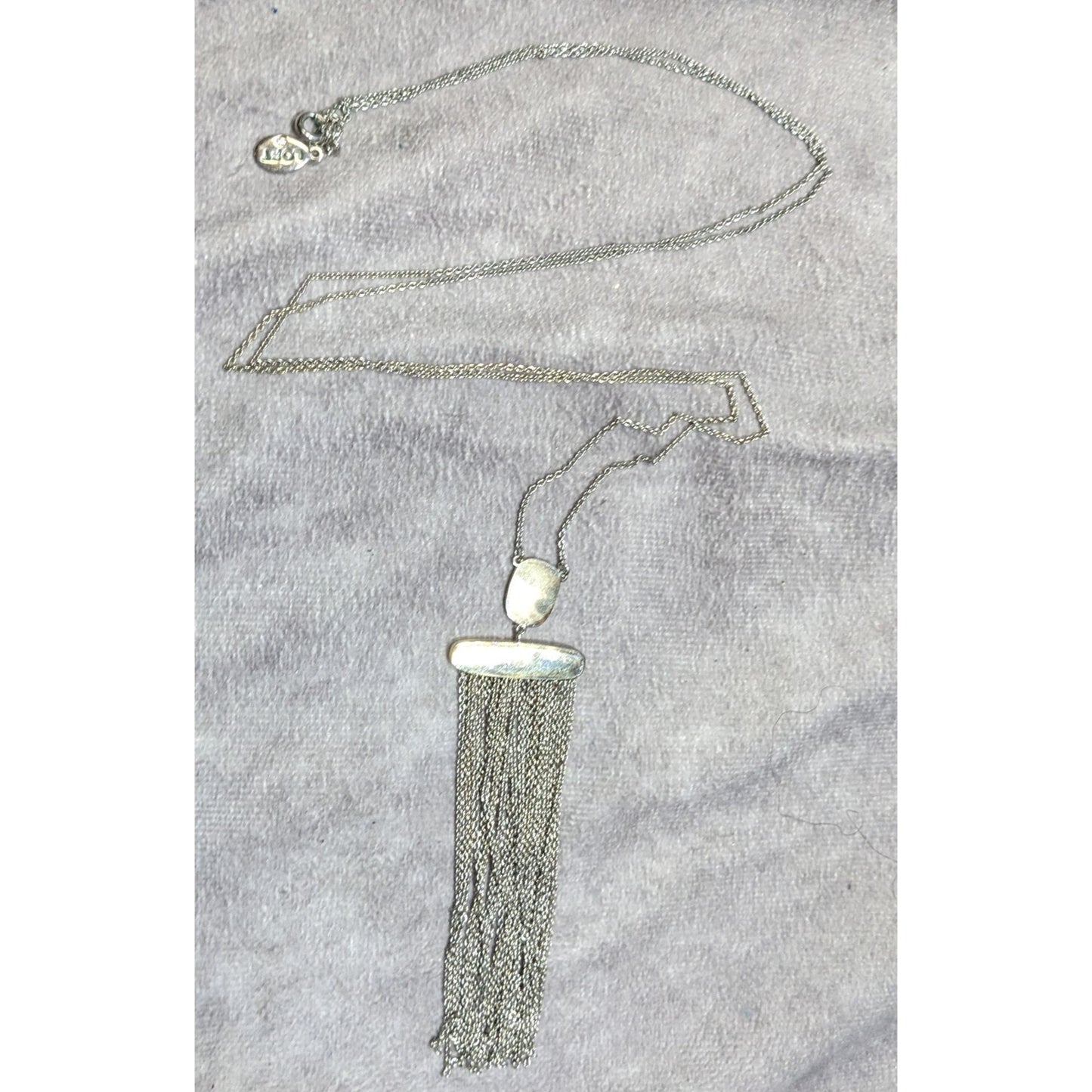 Loft Boho Chic Long Silver Tone Tassel Pendant Necklace With Chain Fringe & Oval Accent