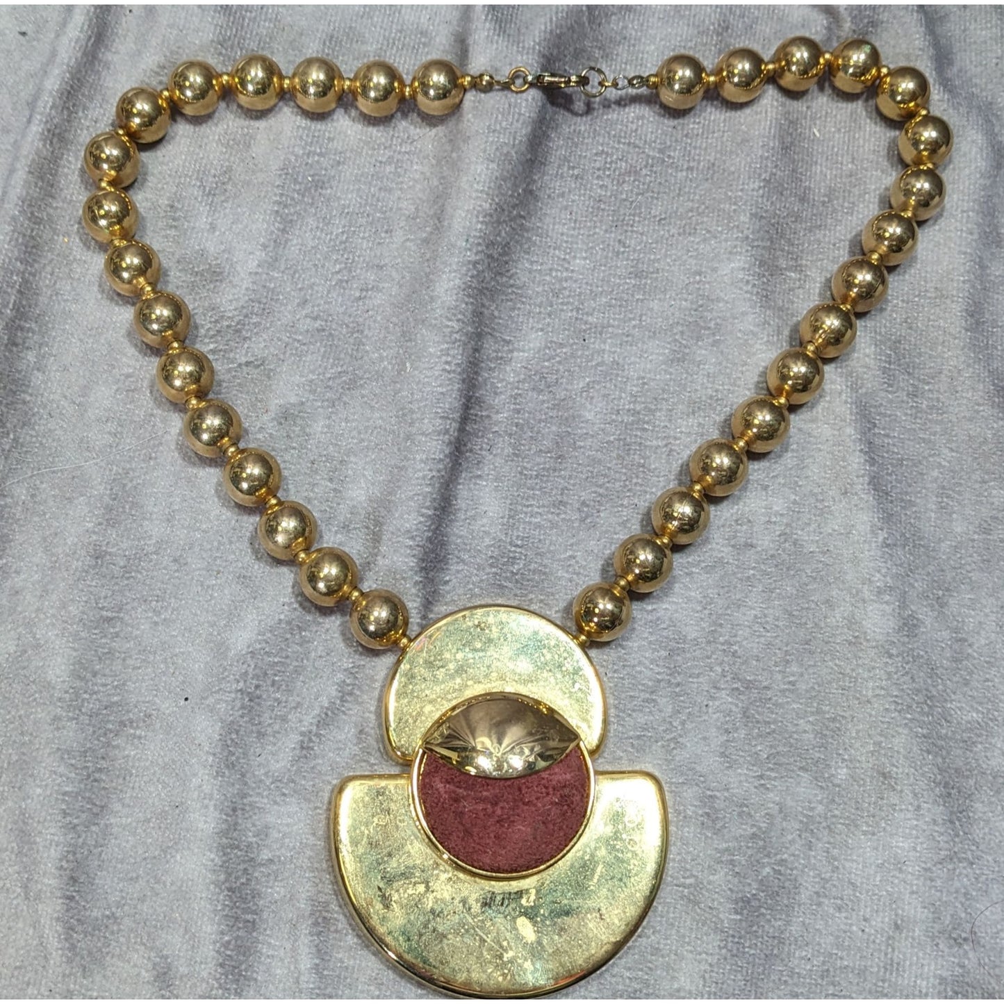 Vintage Retro Chunky Gold-Tone Beaded Necklace With Bold Pendant & Burgundy Suede Accent