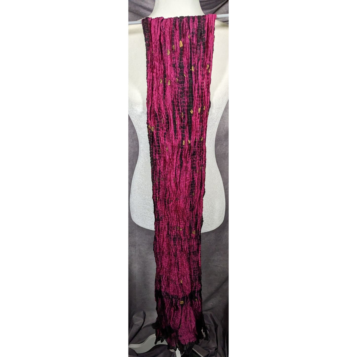 Bohemian Pink And Black Tie Dye Crinkle Scarf With Gold Accents