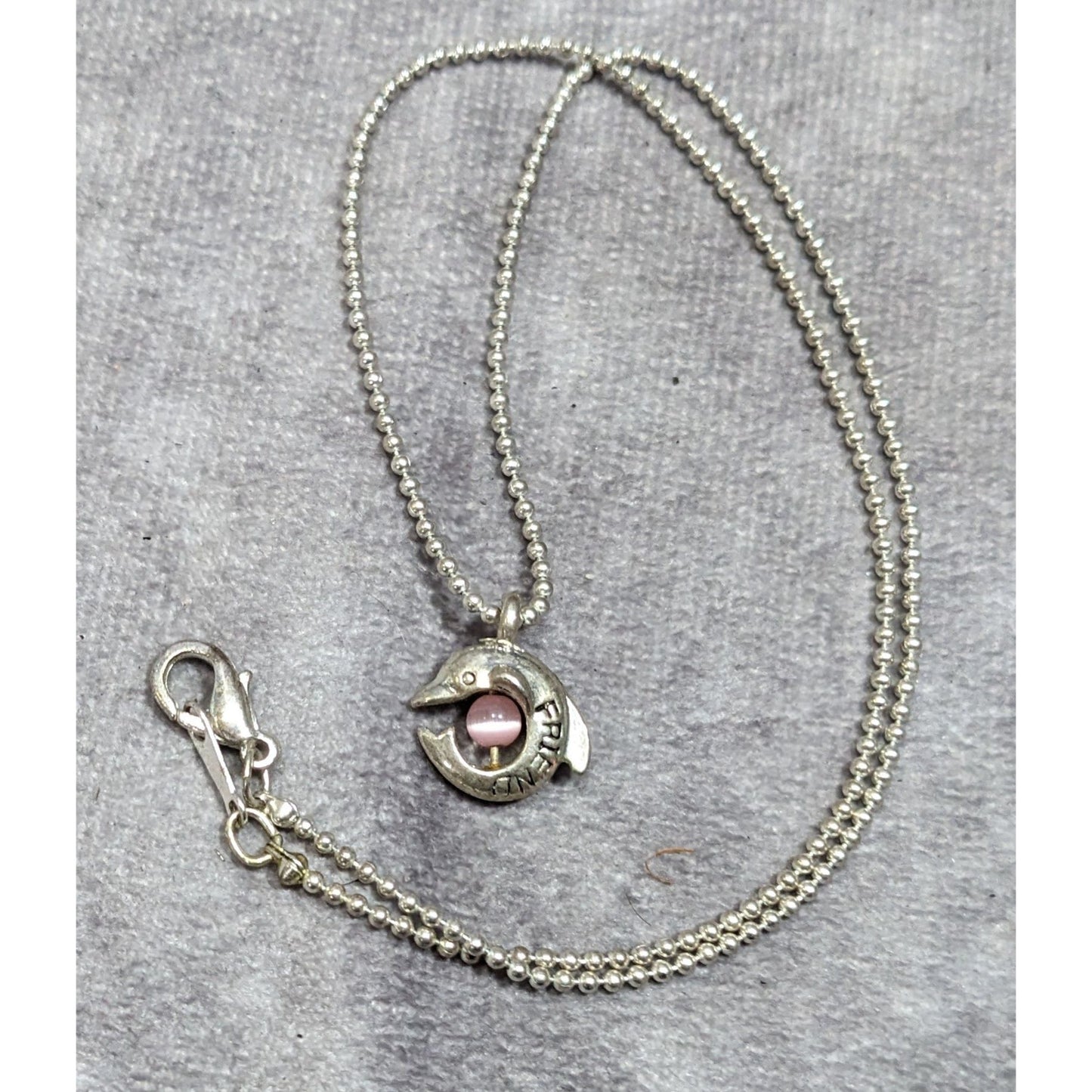 Minimalist Dolphin "Friend" Necklace Silver Tone With Pink Cat Eye Accent