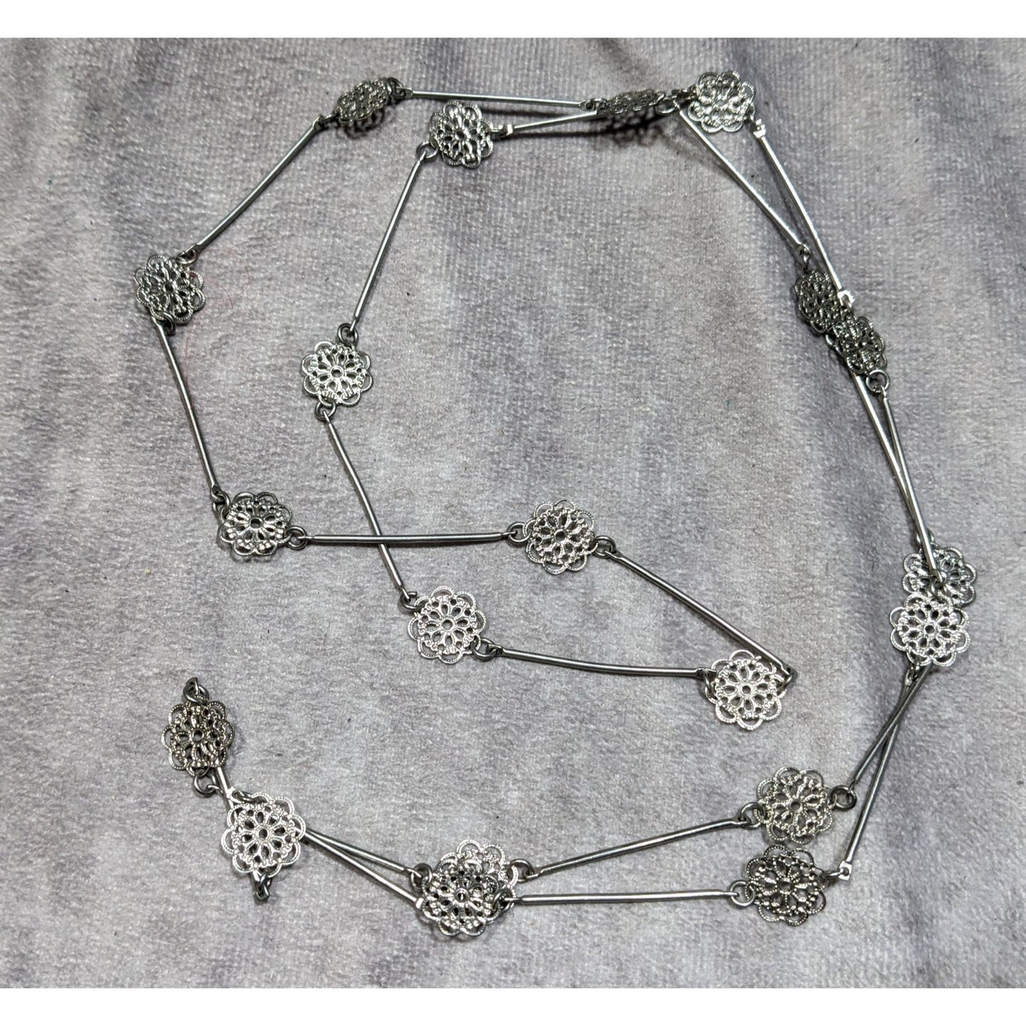 Silver Floral Filigree Long Station Necklace