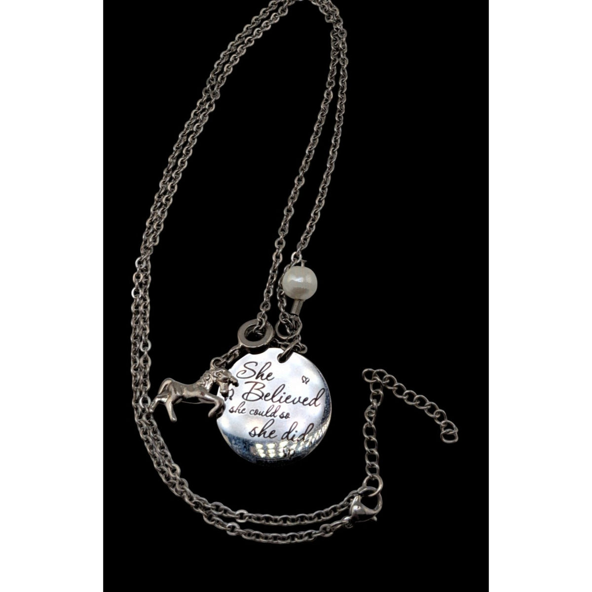 Whimsical Inspirational Silver Tone Horse Charm Necklace She Believed 23 Inch