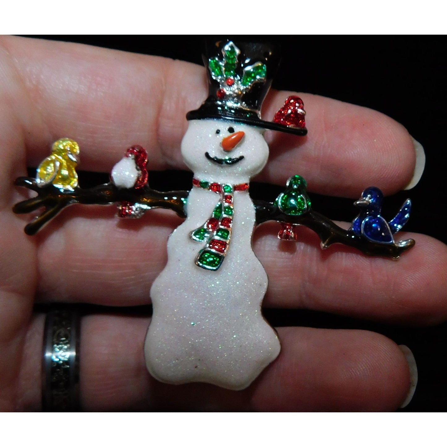 Rare Vintage Happy Snowman With Birds Brooch