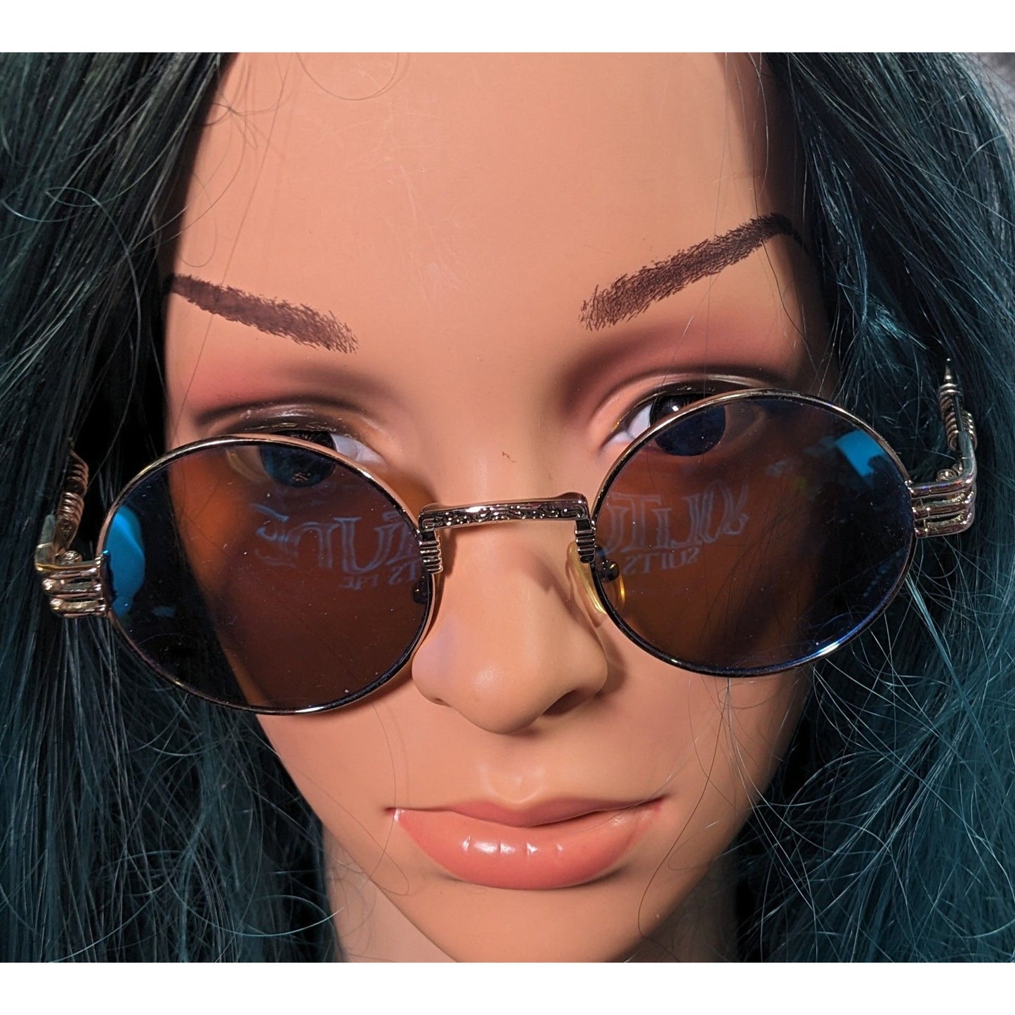 Steampunk Retro Round Blue Mirror Lens Silver Tone Sunglasses