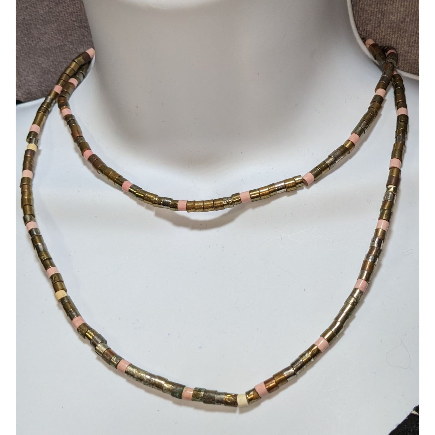 Vintage 34-Inch Brass & Pink Beaded Necklace With Cylindrical Design