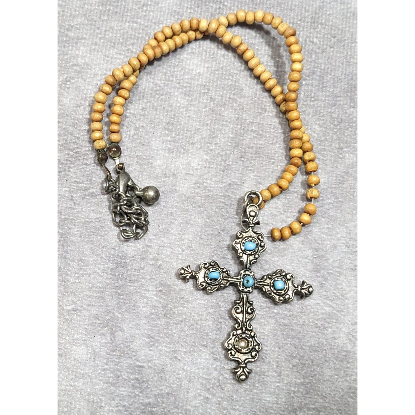 Religious Bohemian Wood Beaded Silver Tone Cross Necklace