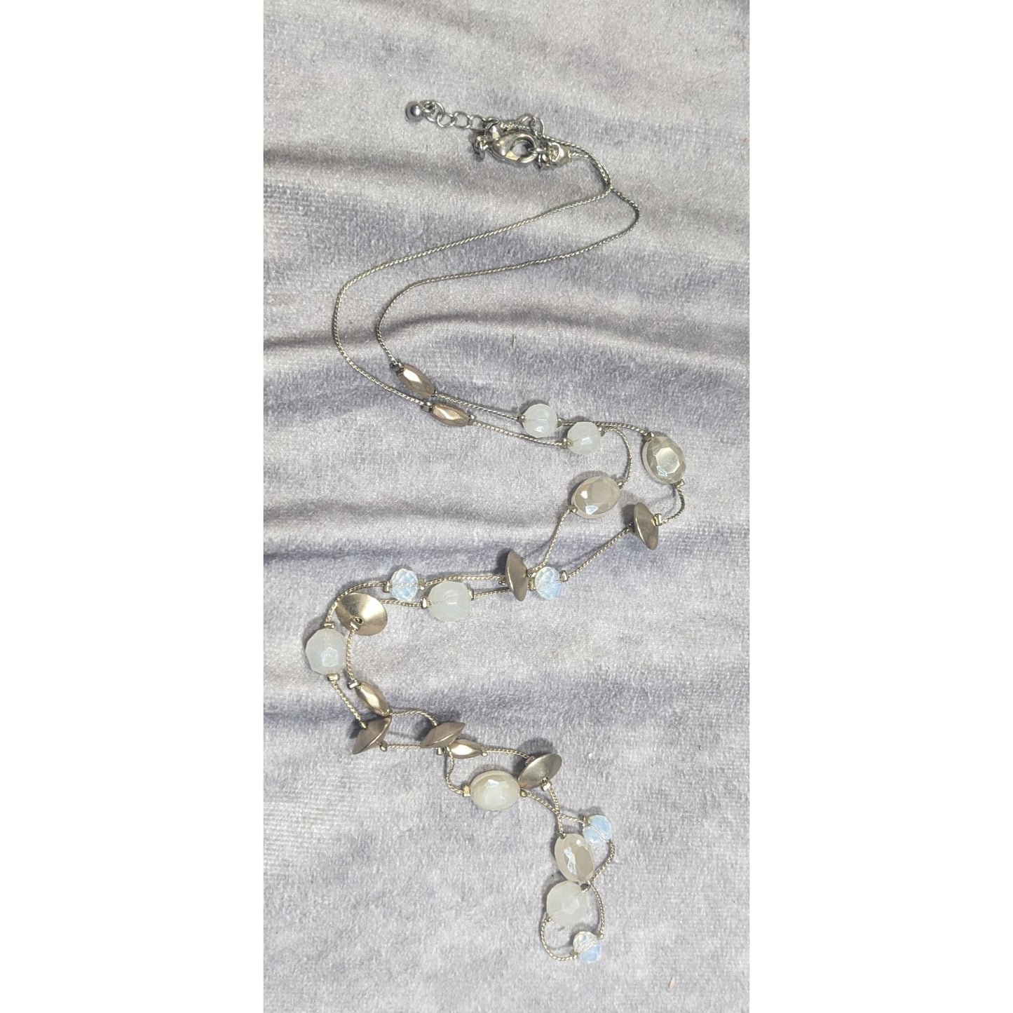 Smokey White Glass And Gold Tone Metal Studded Station Necklace