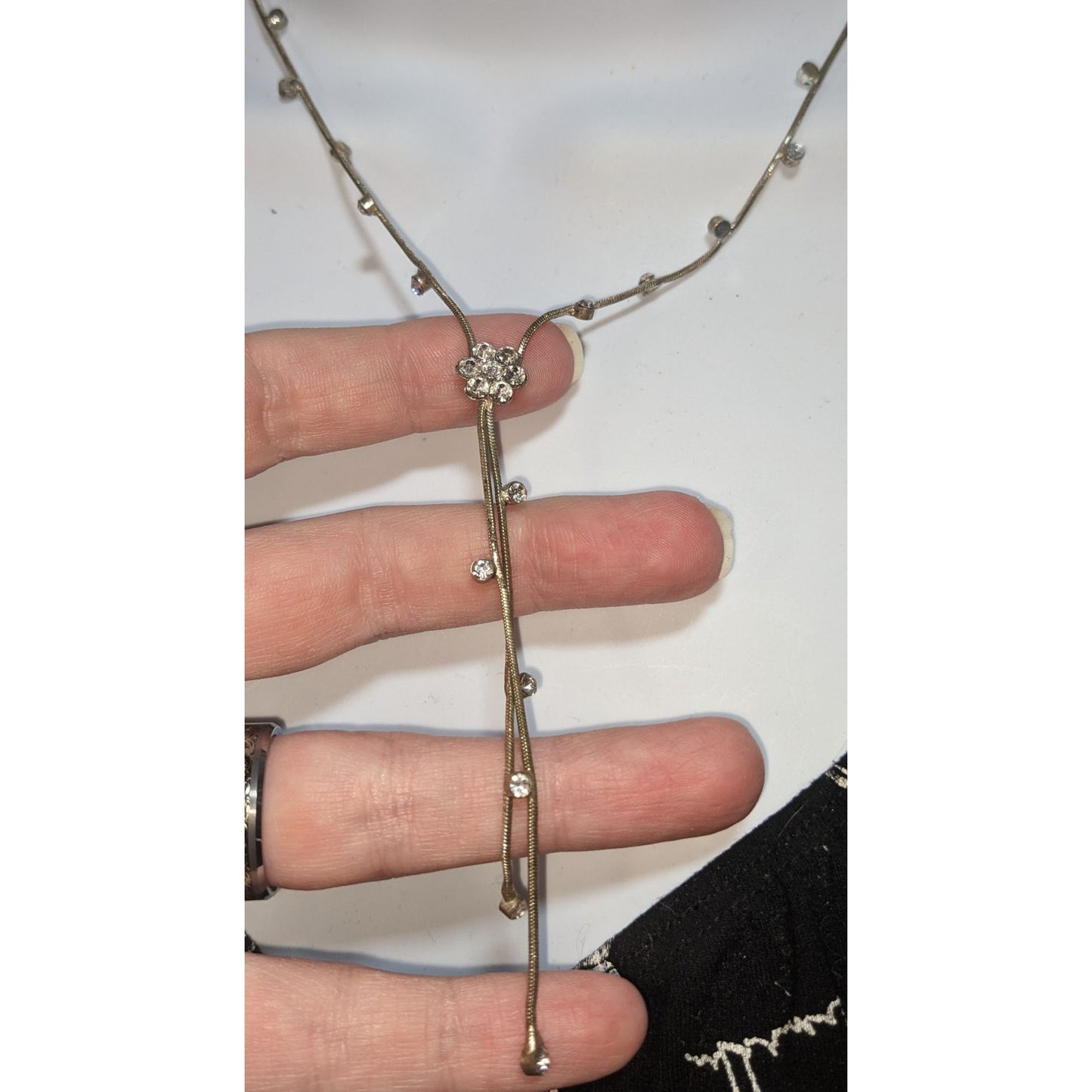 Floral Rhinestone Lariat Necklace Silver Snake Chain Bridal Jewelry