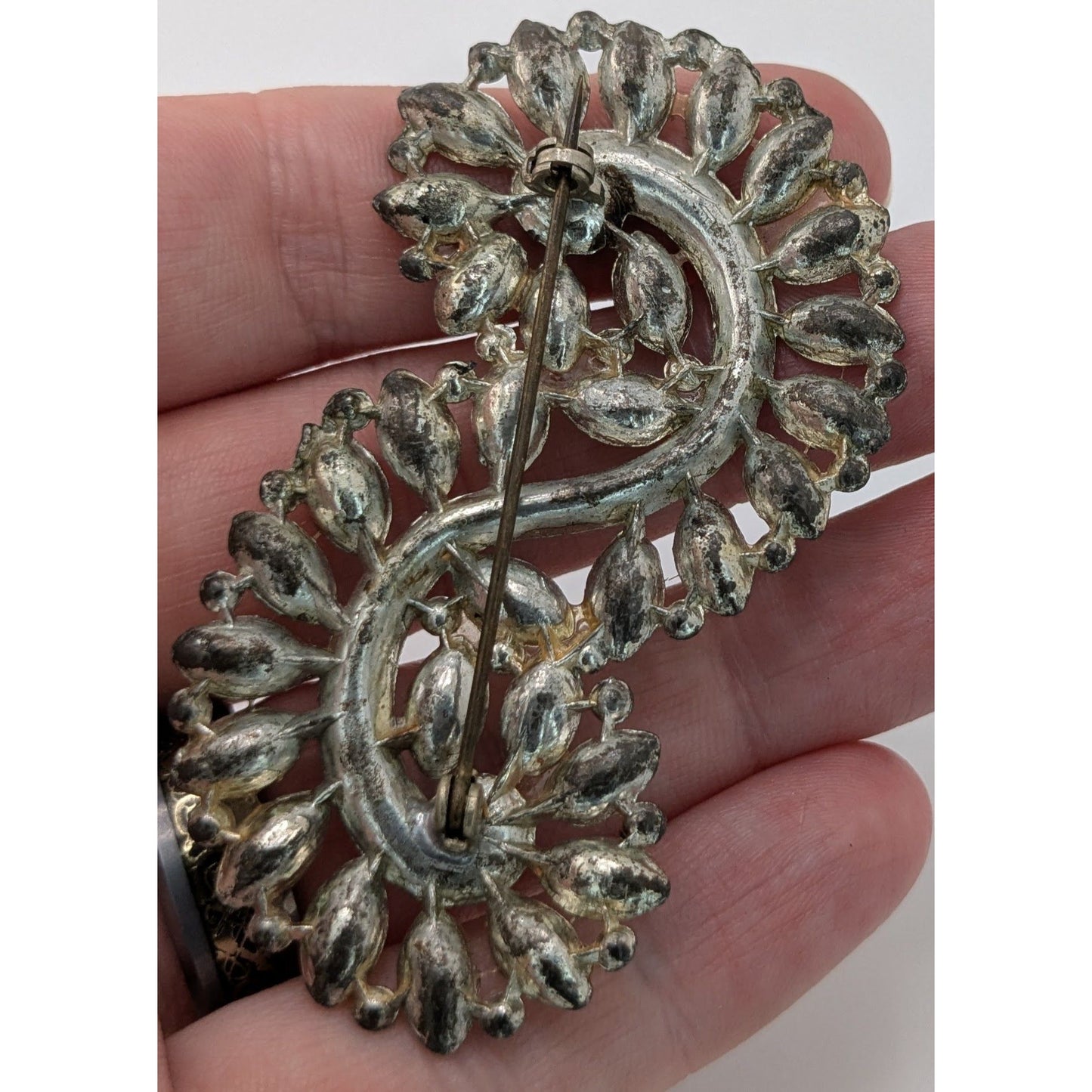 Vintage Rhinestone Swirl Brooch Silver Tone Marquise Crystal Statement Pin