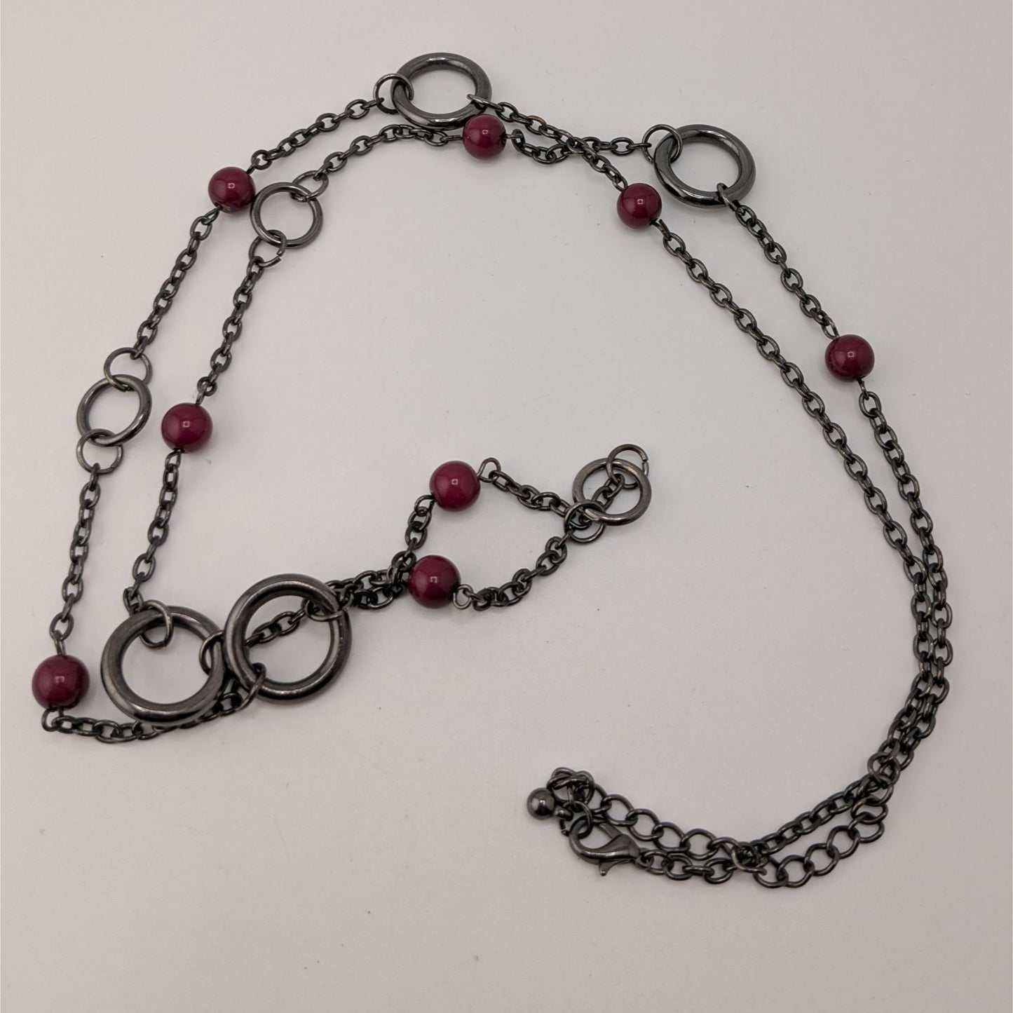 Gunmetal Chain Ring & Bead Station Necklace Burgundy Modern Statement Jewelry