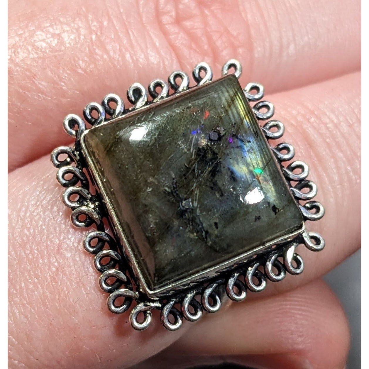 Whimsical Labradorite Square Cut Sterling Silver Ring Size 10