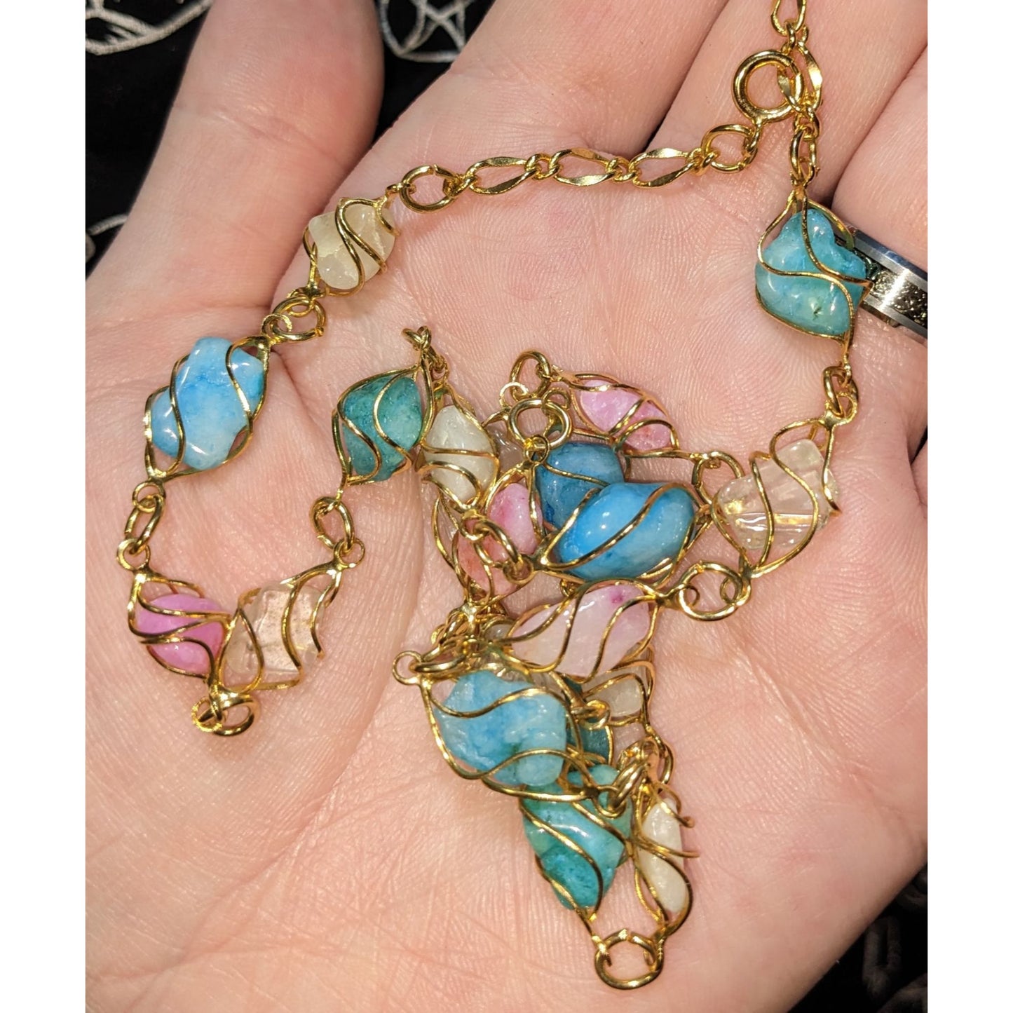 Whimsical Wire-Wrapped Pastel Gemstone Necklace With Gold-Tone Chain
