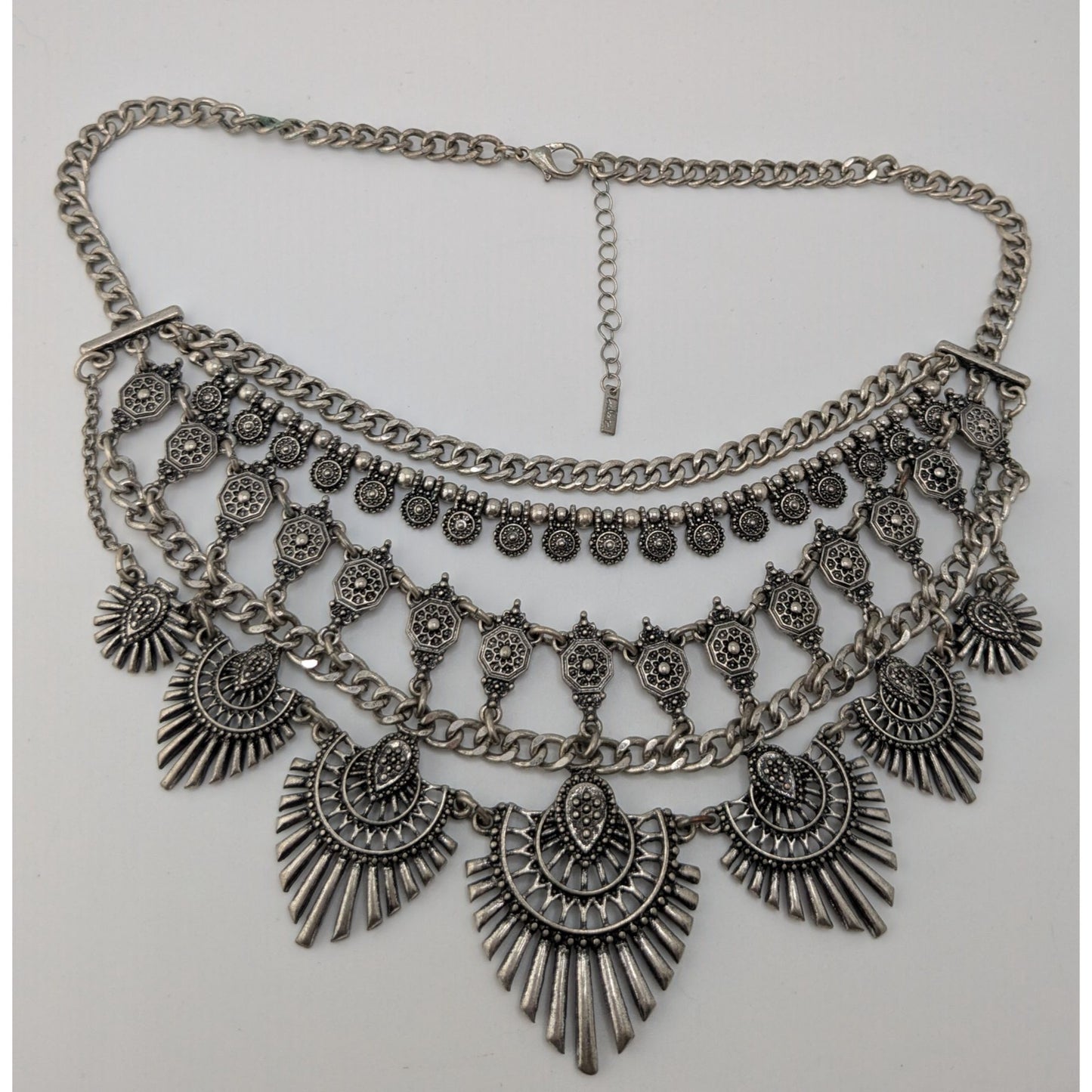 Lulus Layered Tribal Bib Necklace Silver Tone Boho Festival Statement Jewelry