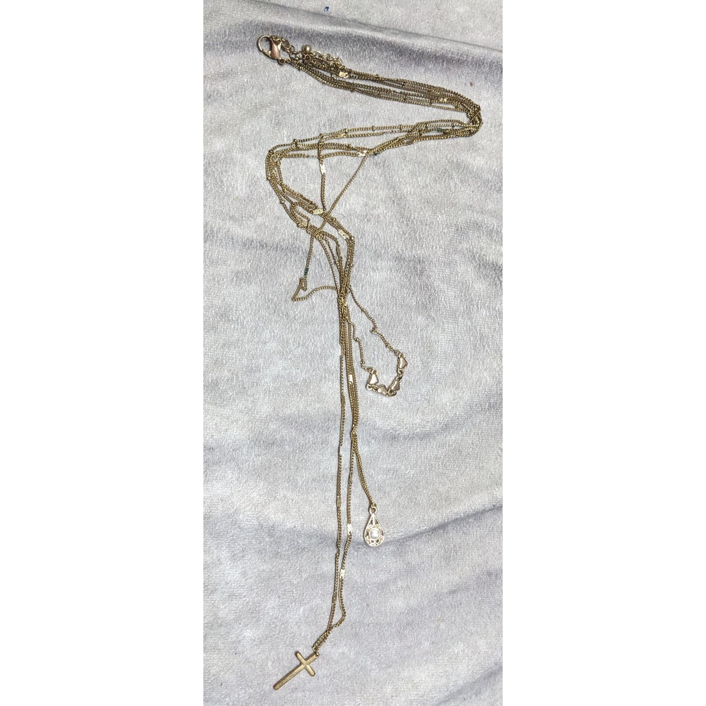 Multilayer Cross Pendant Necklace With Ornate Teardrop Crystal Accent Gold Tone Chain